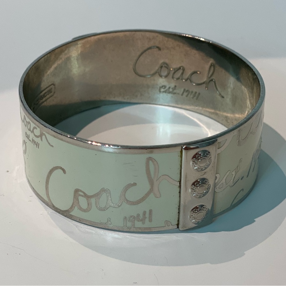 Coach Ivory & Silver Cursive Logo Enamel & Metal Studded Bangle Bracelet